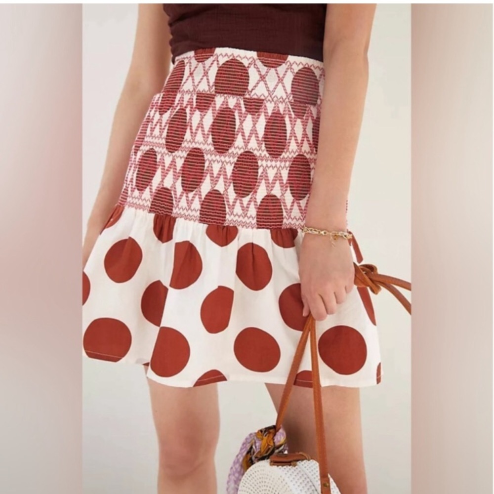 Anthropologie Maeve Falda Smocked Mini Polka Dot 100% Cotton Skirt / Size Small